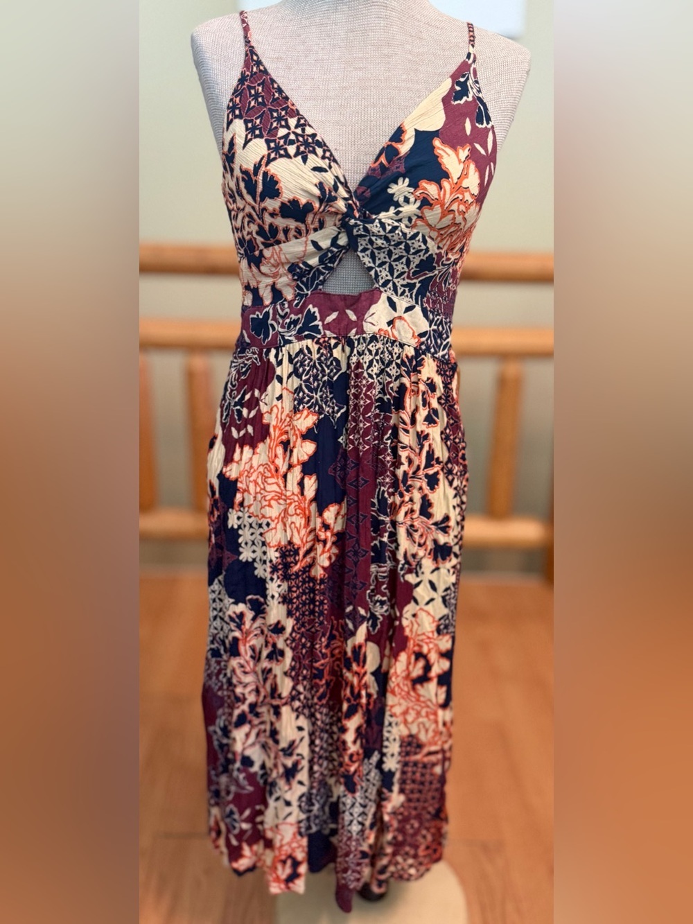 Angie Navy Floral Print Maxi Dress with Burgundy & Cream Accents